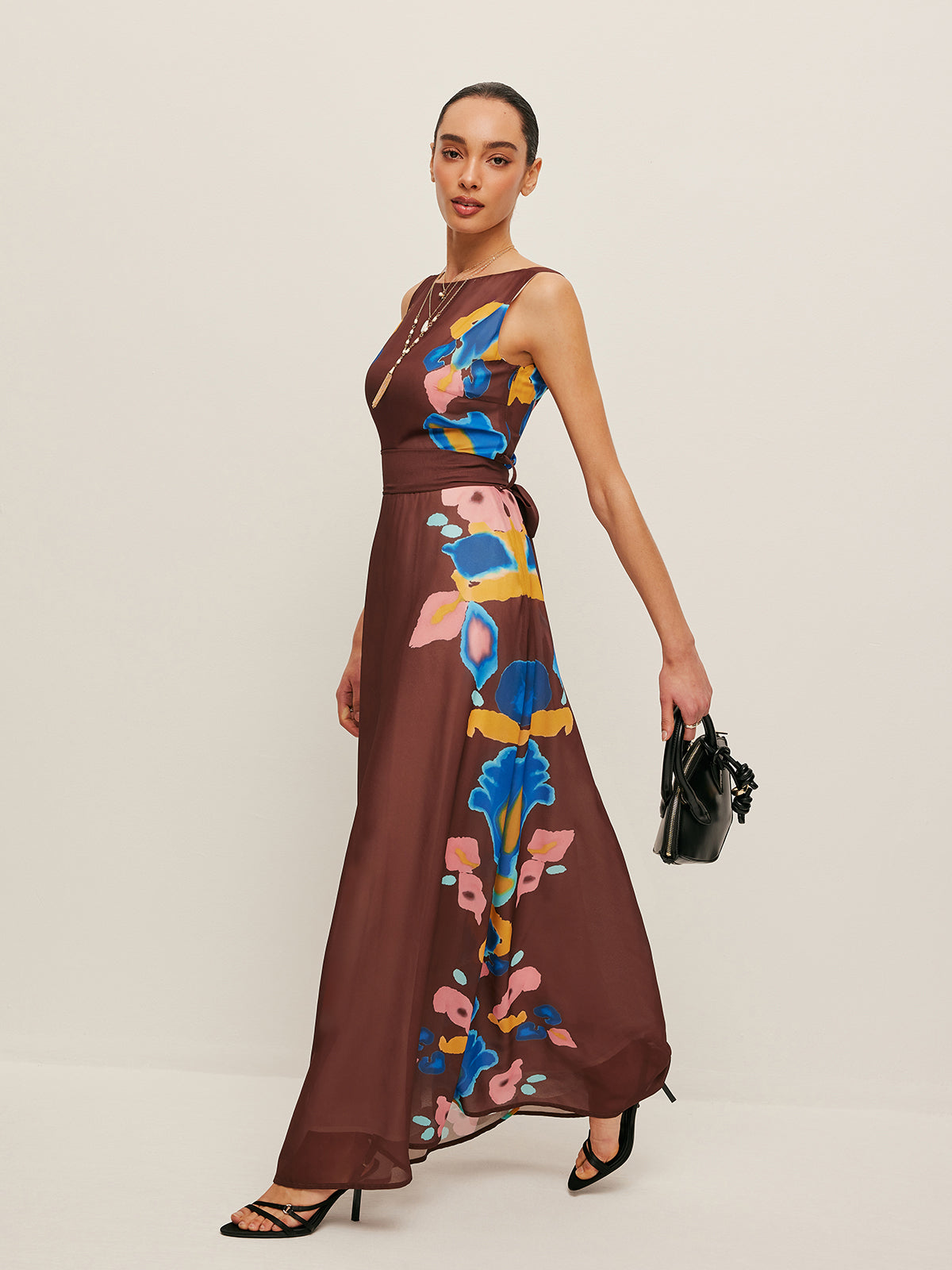 V-Back Bow Detail Printed Dress