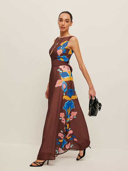 V-Back Bow Detail Printed Dress