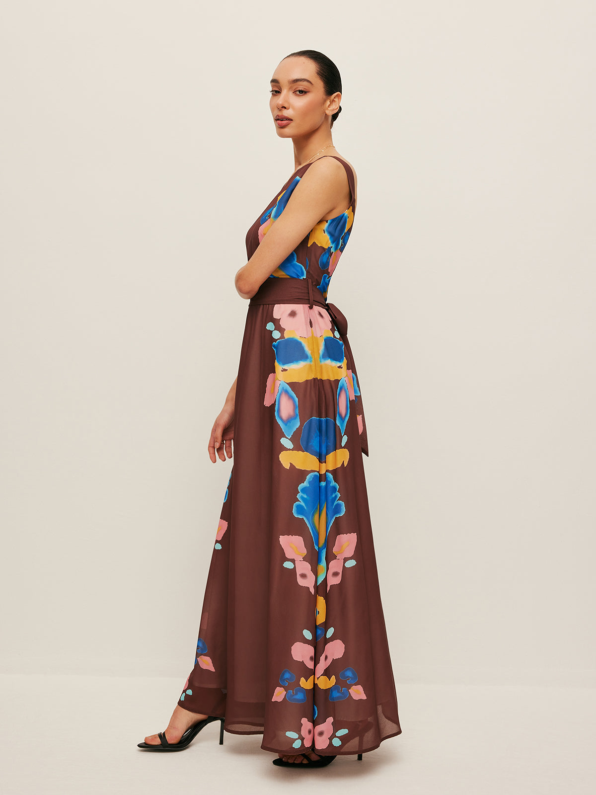 V-Back Bow Detail Printed Dress