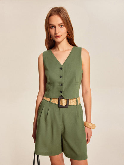 V-Neck Buttoned Shorts Set With Belt