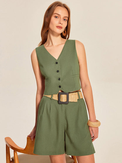 V-Neck Buttoned Shorts Set With Belt
