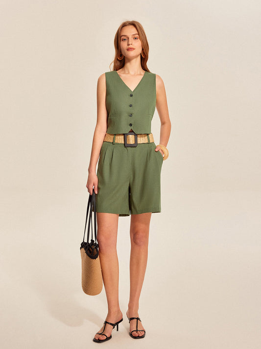 V-Neck Buttoned Shorts Set With Belt
