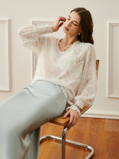 V-Neck Lantern Sleeve Embroidered Top