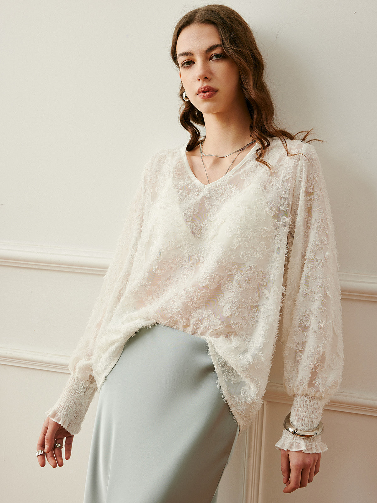 V-Neck Lantern Sleeve Embroidered Top