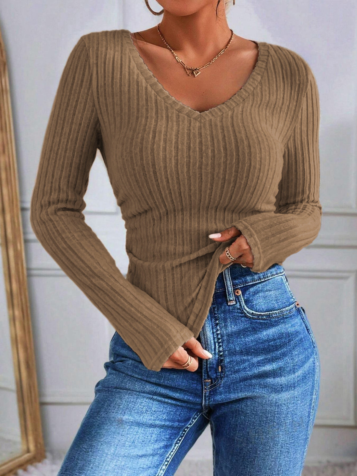 V-Neck Ribbed Skinny T-Shirt