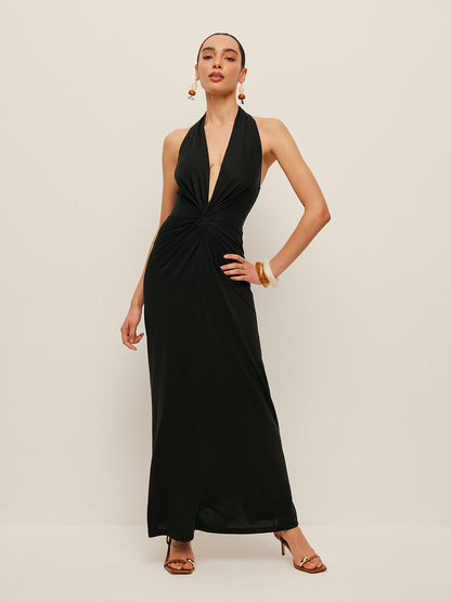 V-Neck Twist-Front Halter Dress