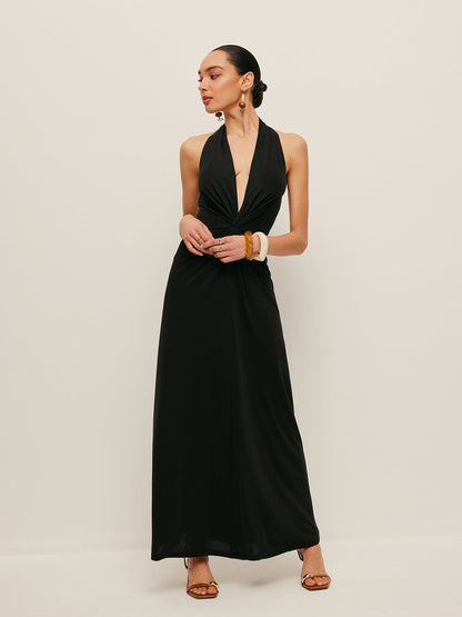 V-Neck Twist-Front Halter Dress