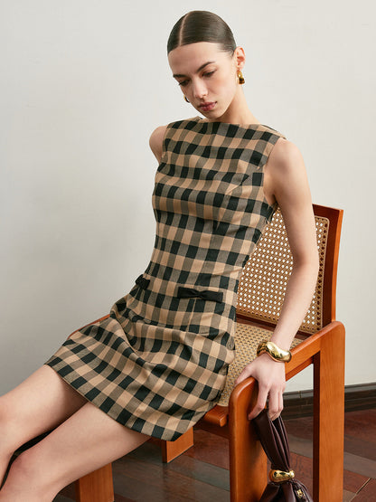 Vintage Plaid Sleeveless Bow Dress