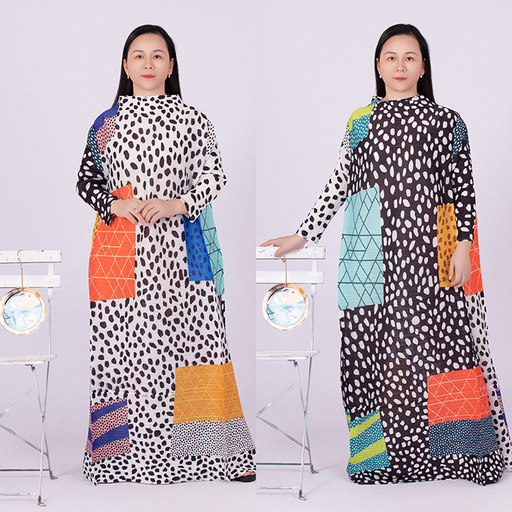 Vivian – Pleated Leopard Contrast Long Sleeve Dress For Women