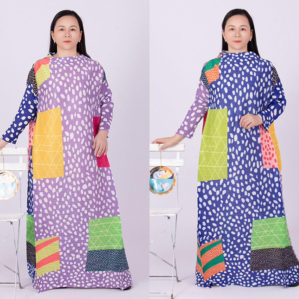 Vivian – Pleated Leopard Contrast Long Sleeve Dress For Women