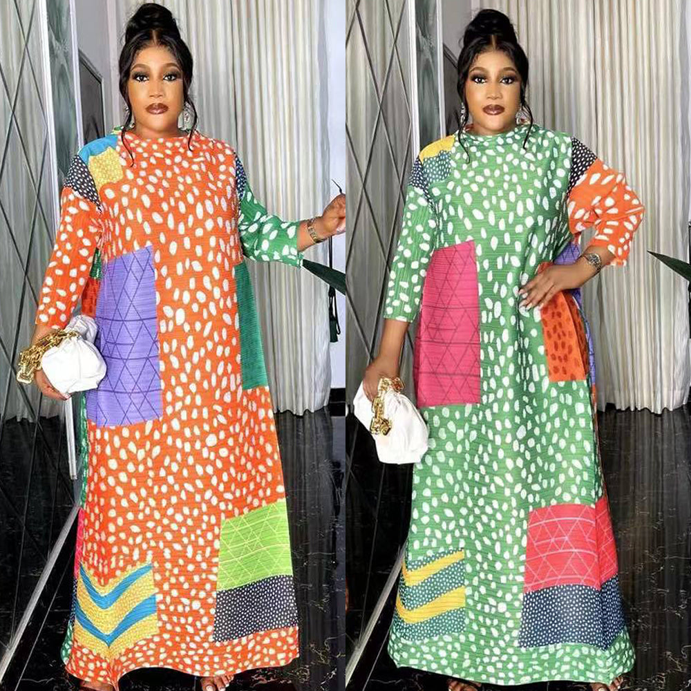 Vivian – Pleated Leopard Contrast Long Sleeve Dress For Women