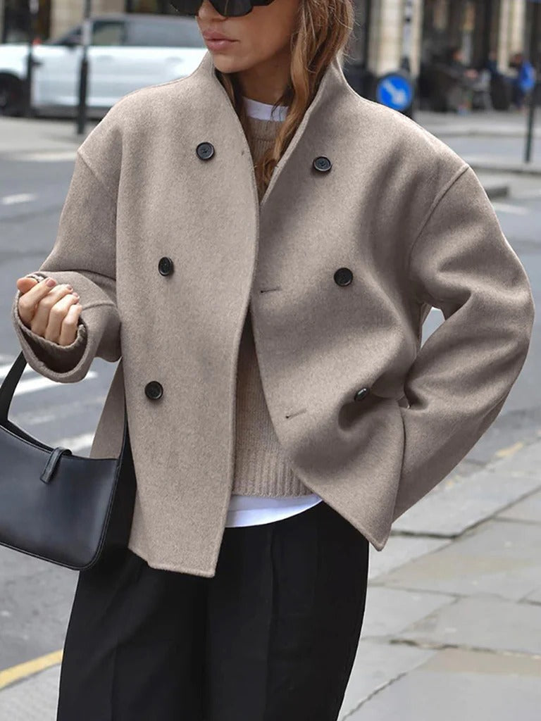 Women's jacket with stand-up collar and button closure