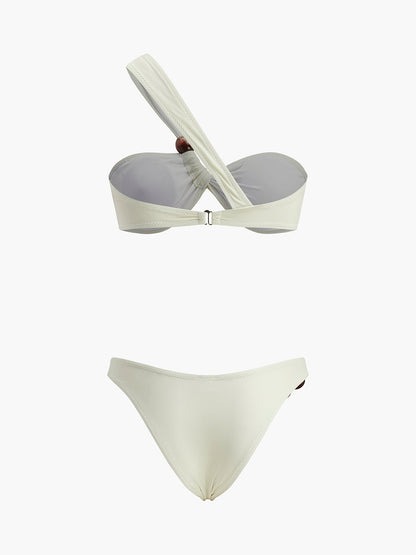 Wood Bead Detail One-Shoulder Bikini Set
